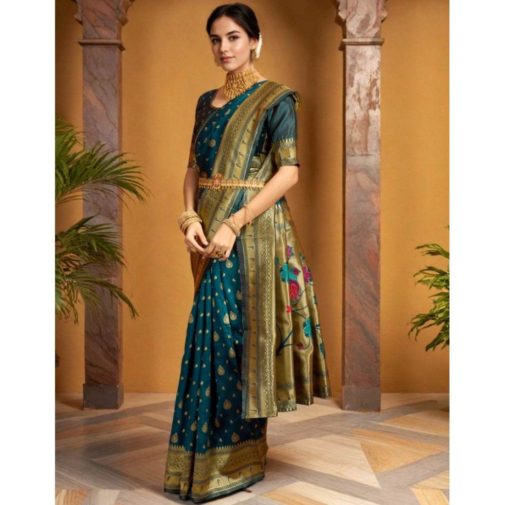 Generic Women's Silk Blend Zari Weaving Saree With Unstitched Blouse 5.5Mtr (Teal) - MYLUXURY LANE ENTERPRISE